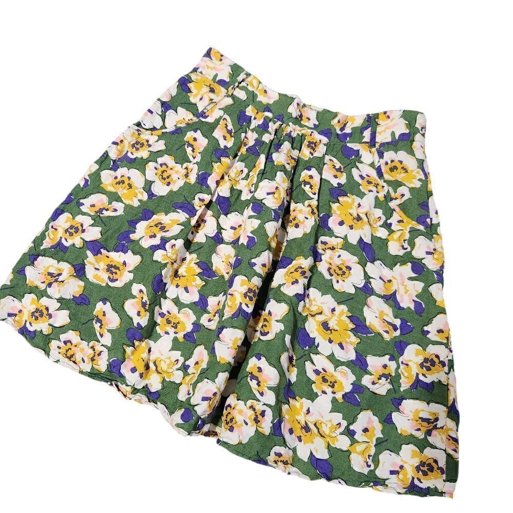 Modbe Skirt Medium Floral Mini Skater Green White Purple Short Linen Blend